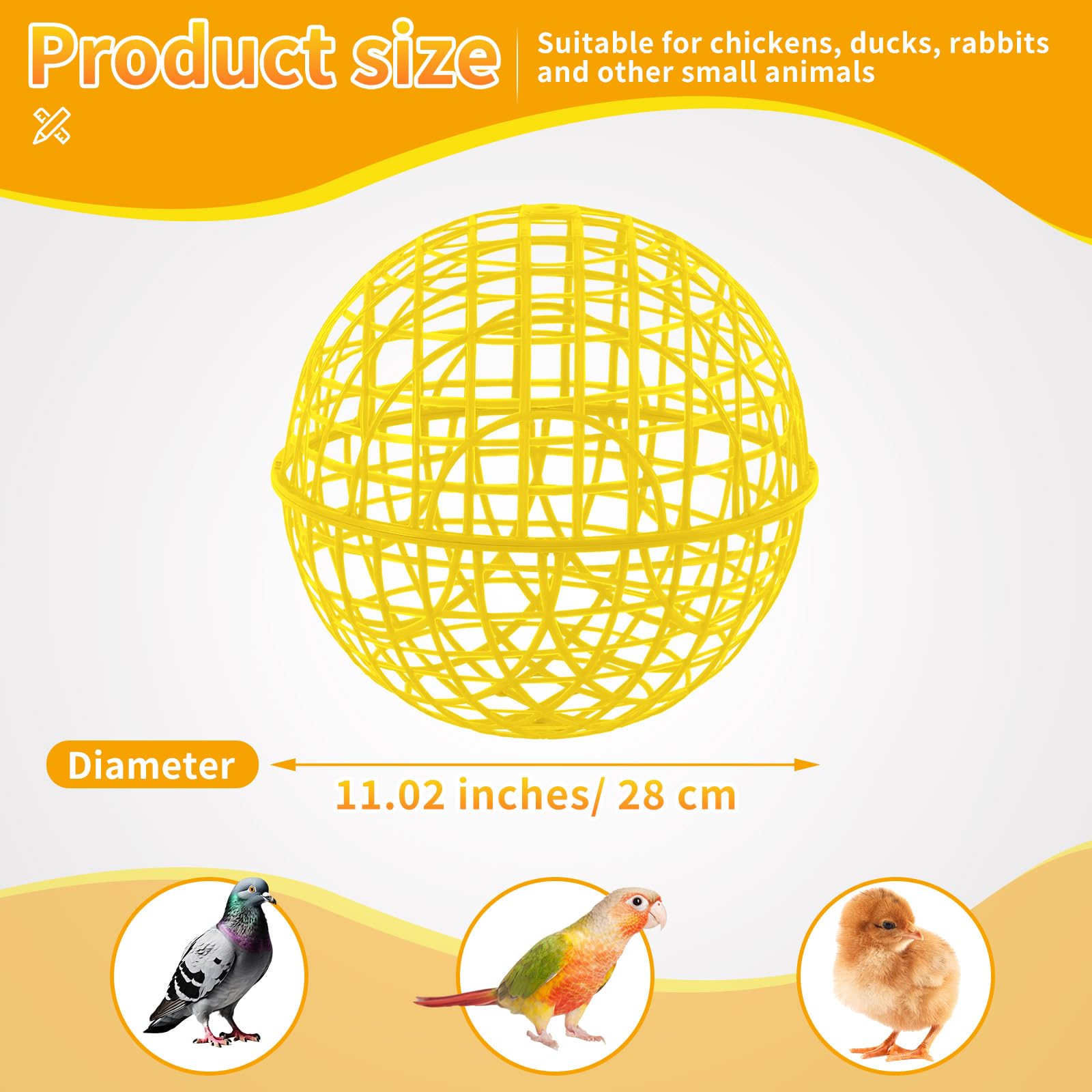 AceOrbit yellow plastic mesh chicken ball cage close-up highlights sturdy breathable design for active animals.