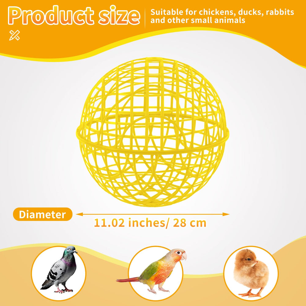 AceOrbit yellow plastic mesh chicken ball cage close-up highlights sturdy breathable design for active animals.