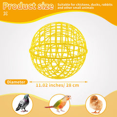 AceOrbit yellow plastic mesh chicken ball cage close-up highlights sturdy breathable design for active animals.