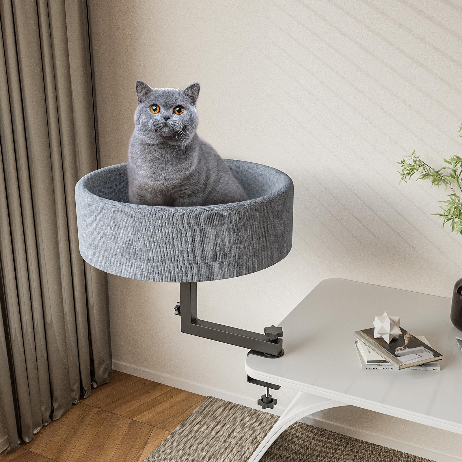 Acools Cat Desk Bed showing 360-rotation for flexible lounging near a desk