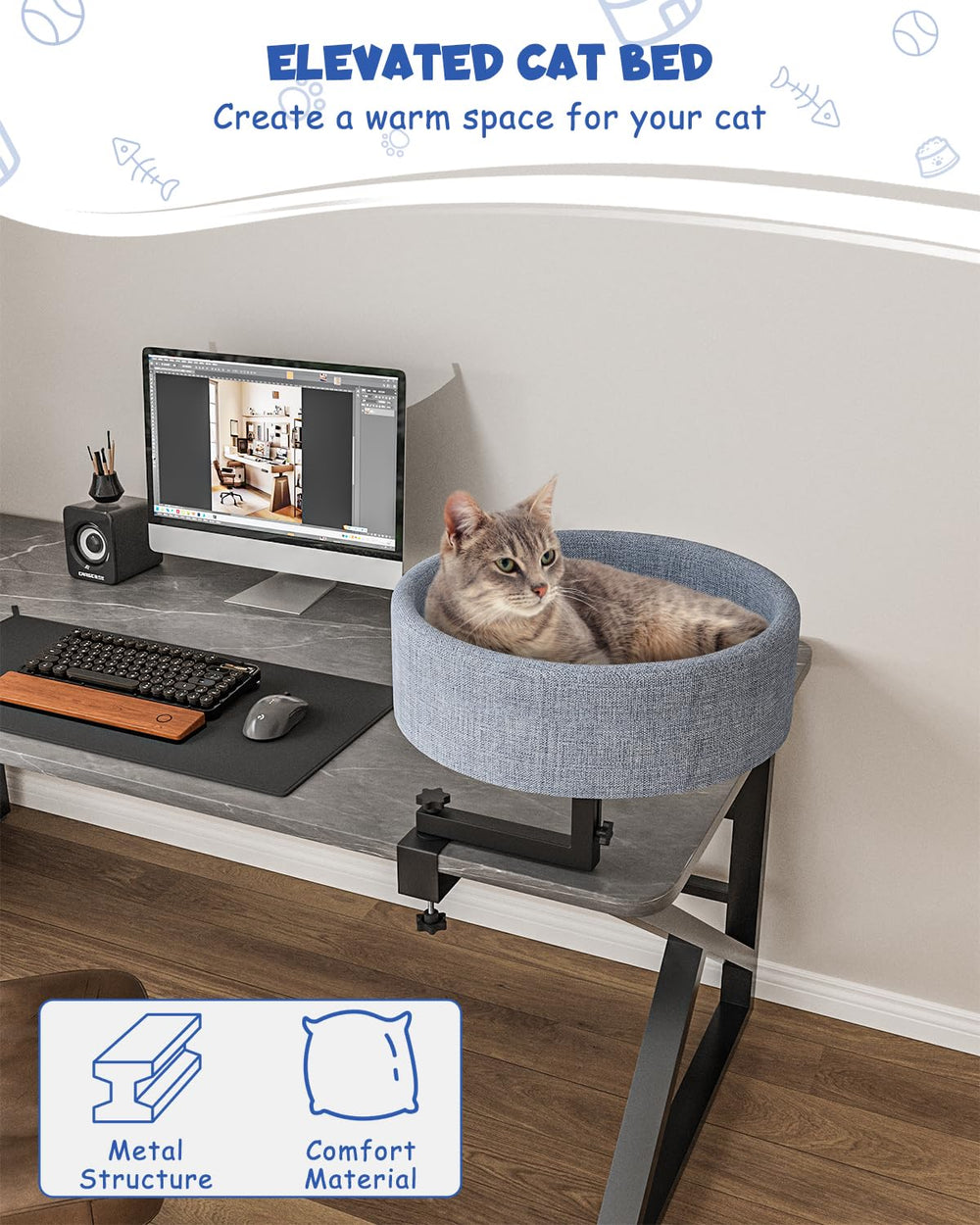 Acools Cat Desk Bed elevated perch offers elevated comfort beside workspace