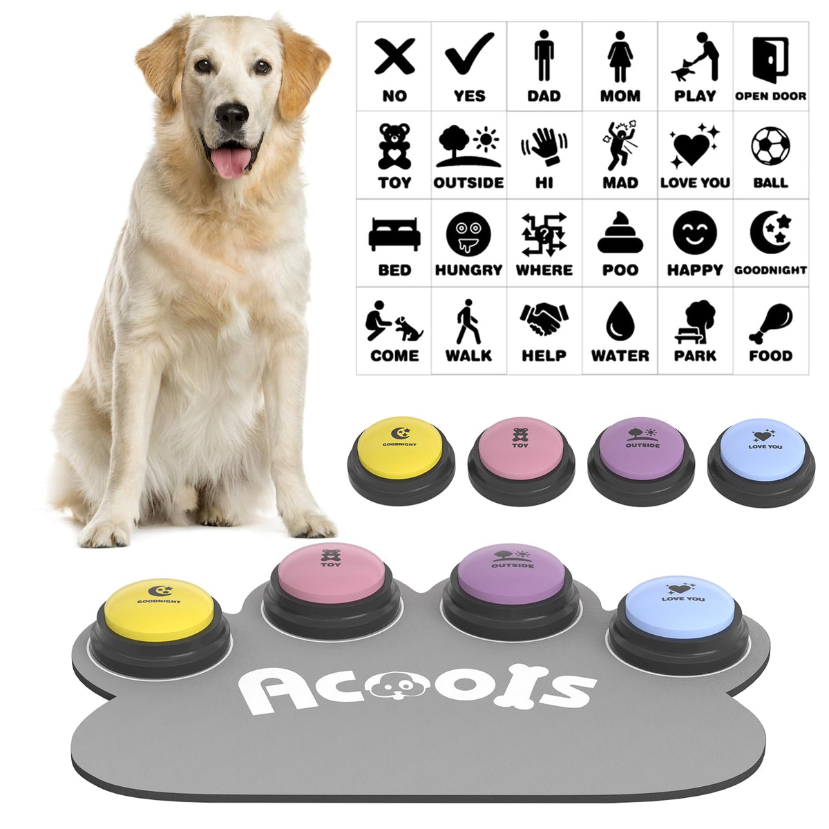 Acools dog button set with four color-coded pads for training communication.