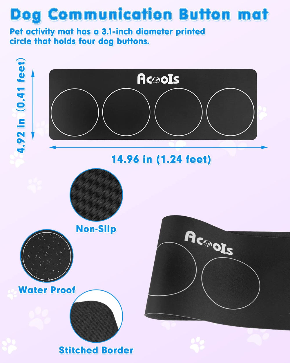 Acools dog-buttons-bright-colors-purple-pink-yellow-blue displays four vivid options for quick recognition.