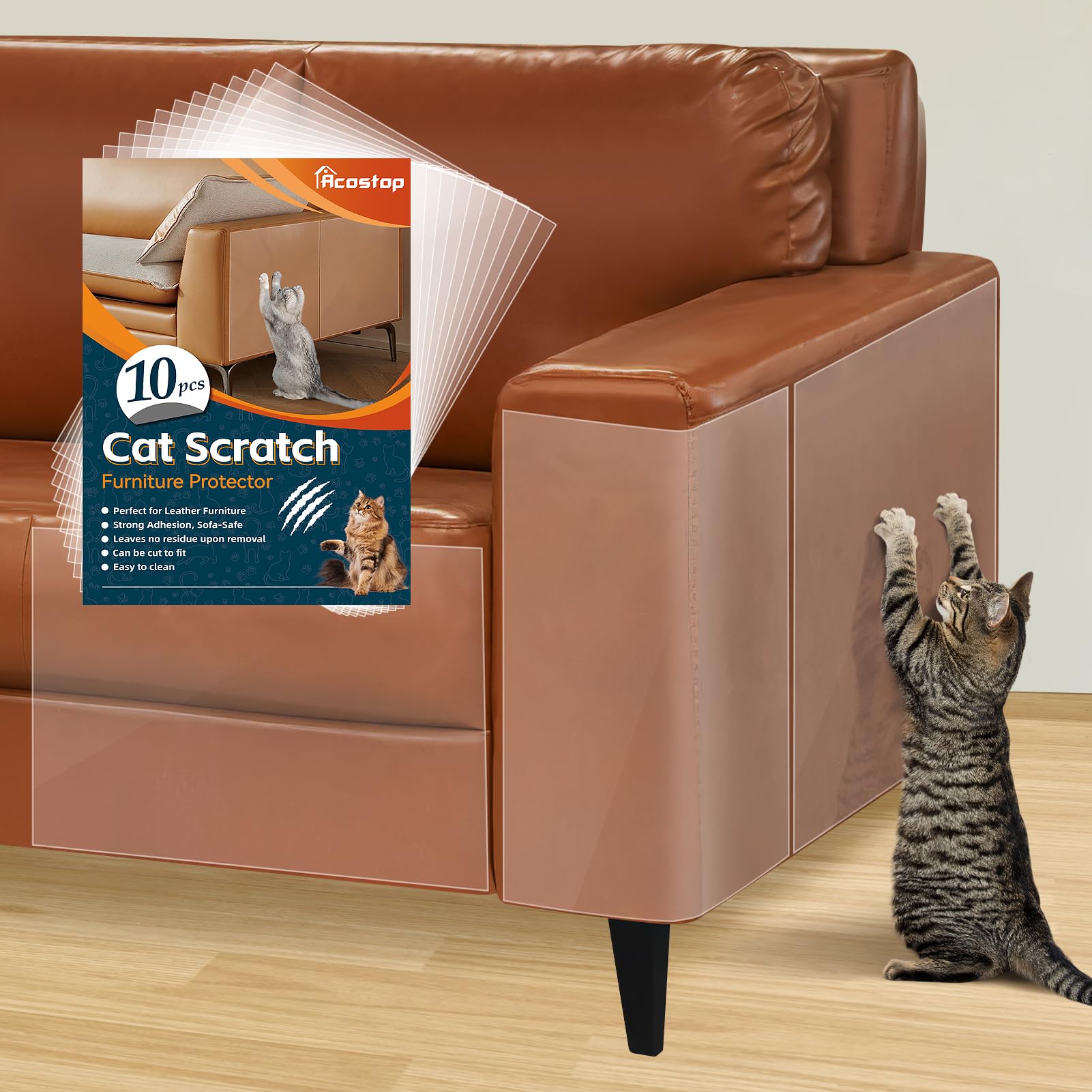 Acostop cat scratch protector pack front with ten pieces and clear design.
