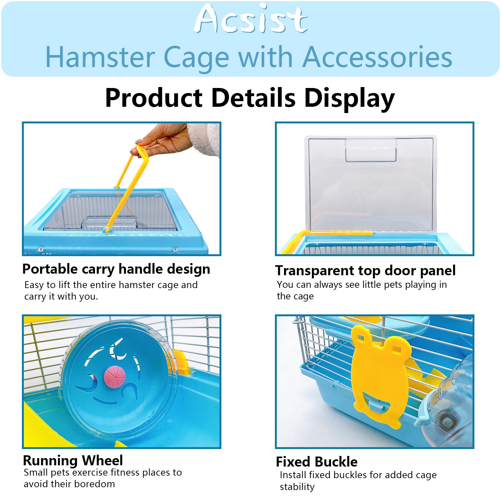 Acsist hamster cage includes running wheel for daily exercise.