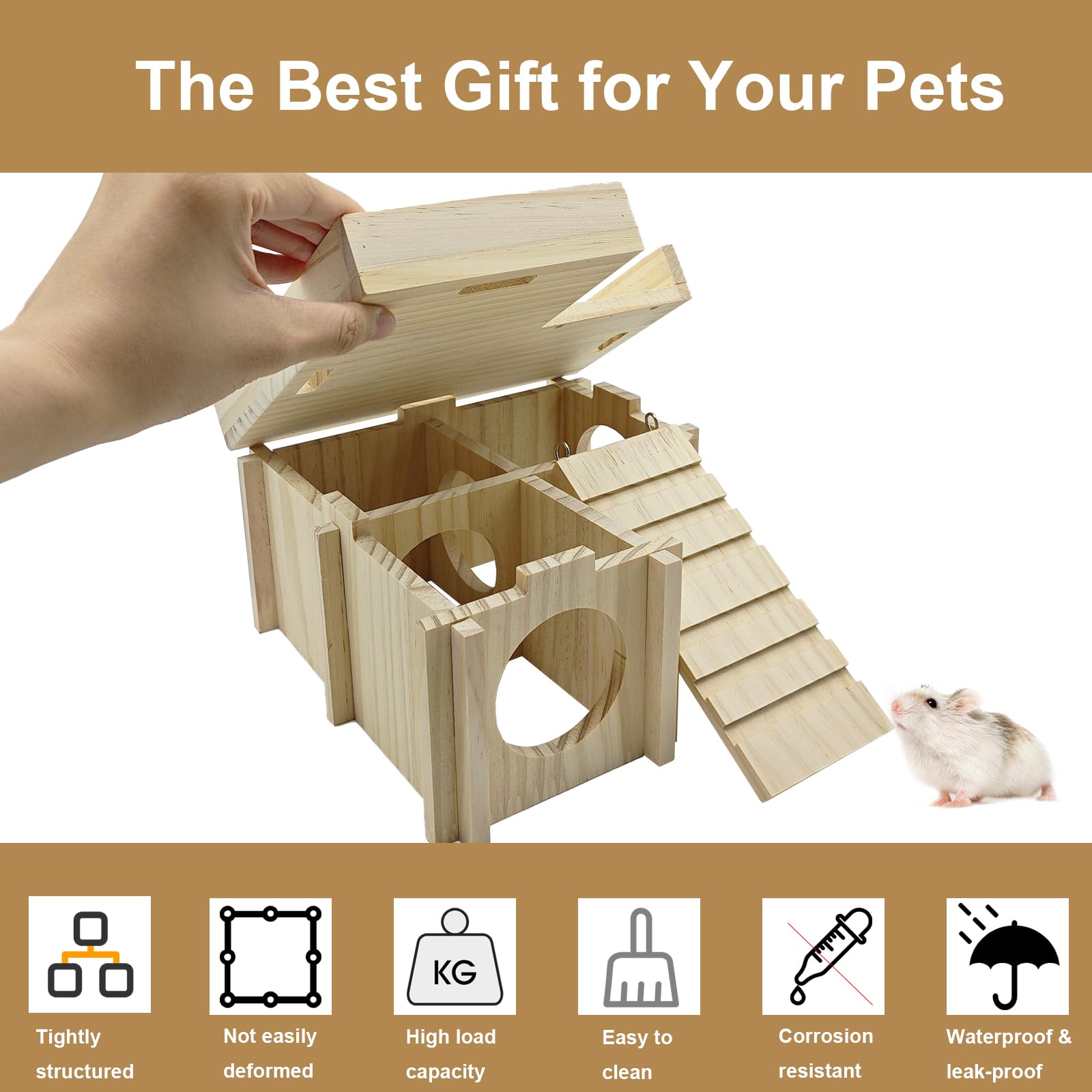 Acsist small-pets wooden den provides a quiet, secure retreat.