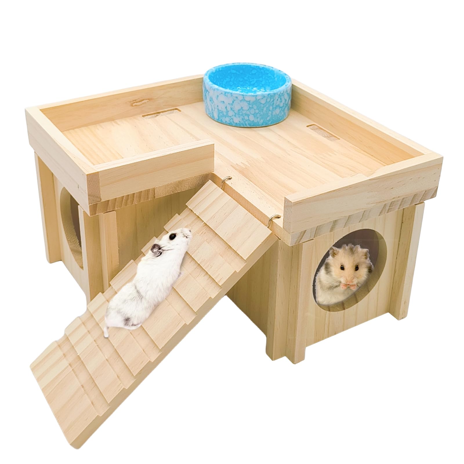 Acsist wooden hamster hideout with ladder and platform for resting.