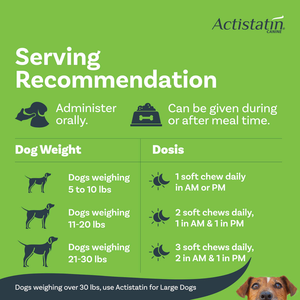 Actistatin 120-count packaging emphasizes convenient, regular joint care for small dogs.