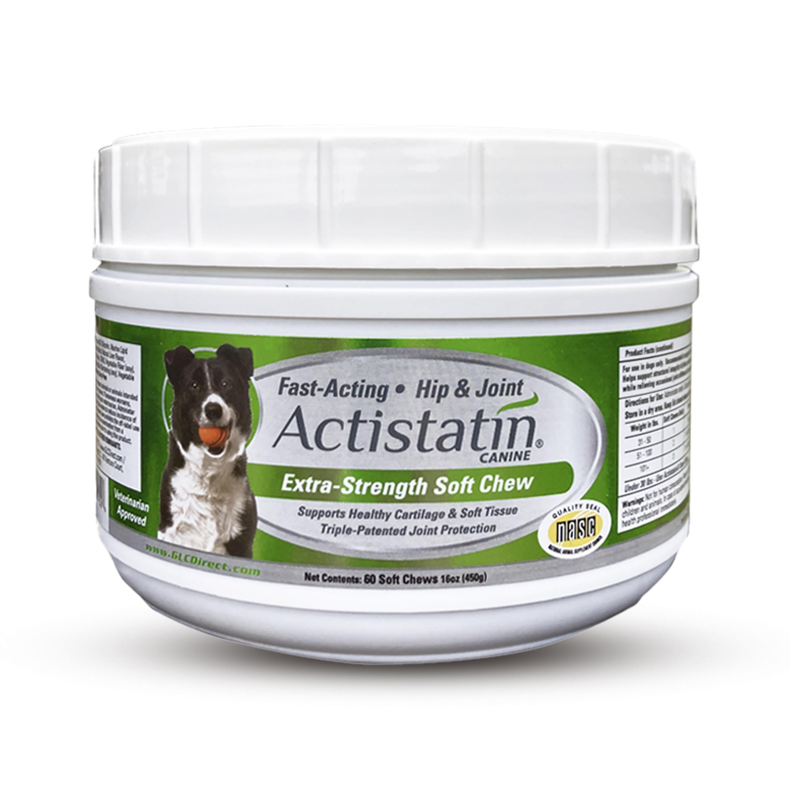 Actistatin Canine Large Dog Soft Chews bottle showing joint support formula.