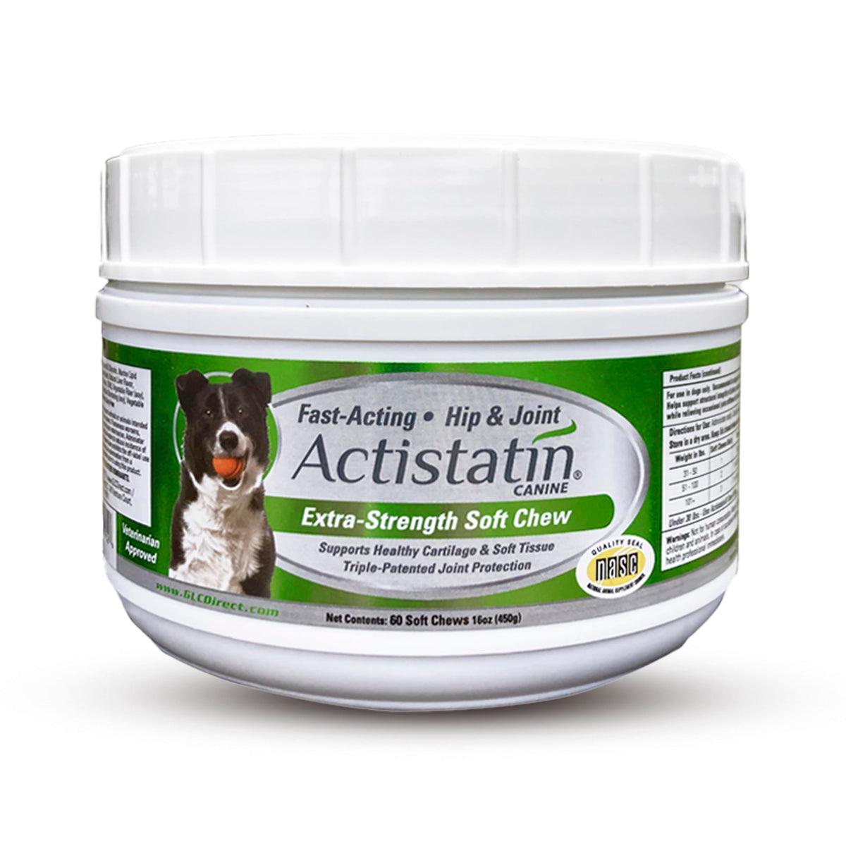 Actistatin Canine Large Dog Soft Chews bottle showing joint support formula.