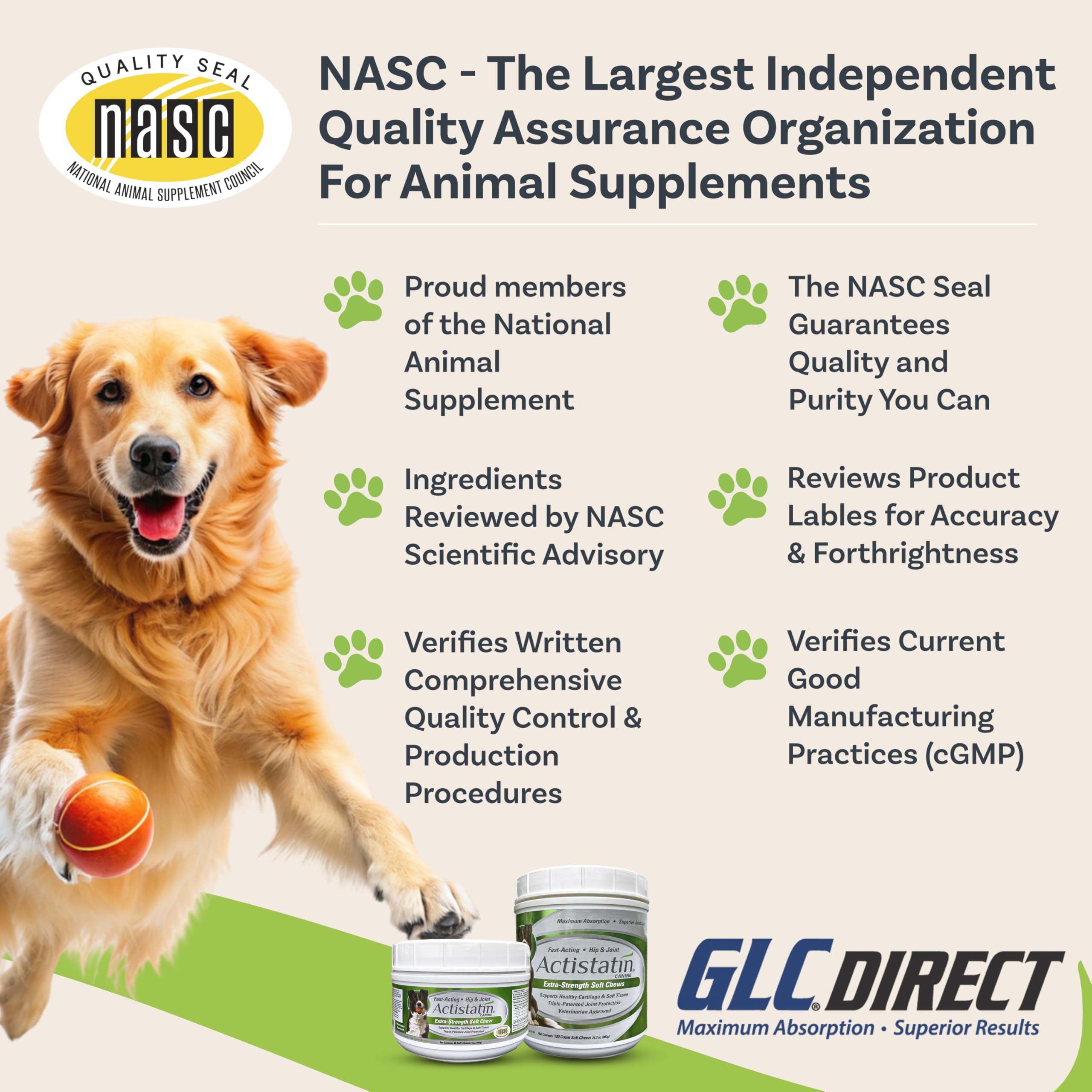 Actistatin Canine Large Dog Soft Chews omega-3 complex icon with heart and joints.