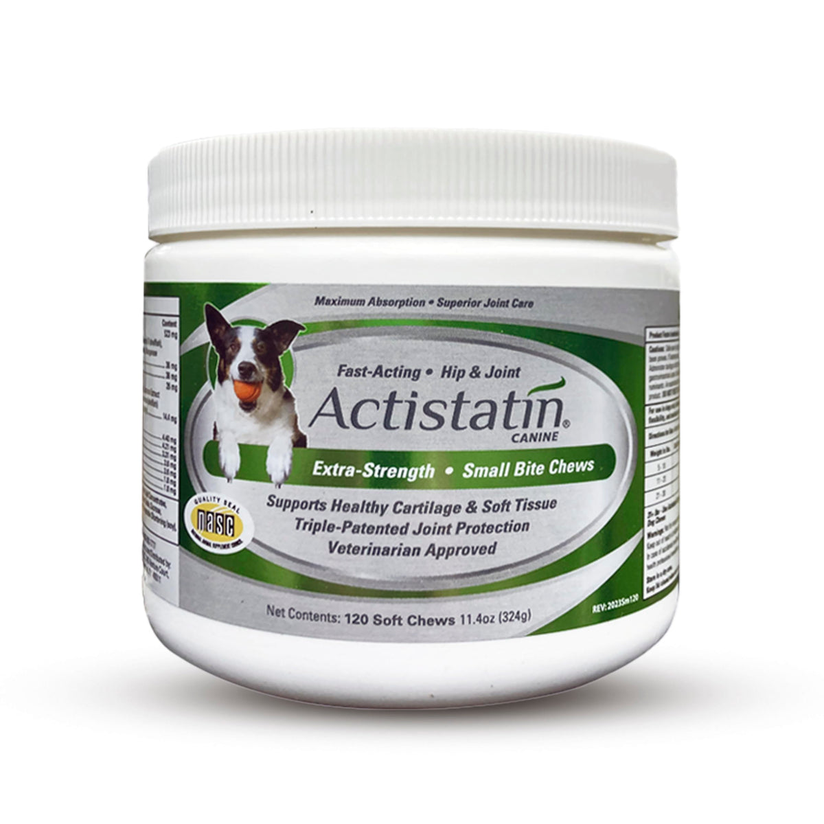 Actistatin small dog soft chews bottle shows easy-dosing joint support for daily care.