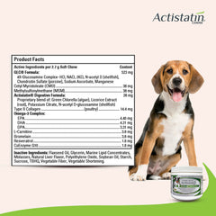 Actistatin soft chews close-up highlights glucosamine and MSM ingredients for joint comfort.