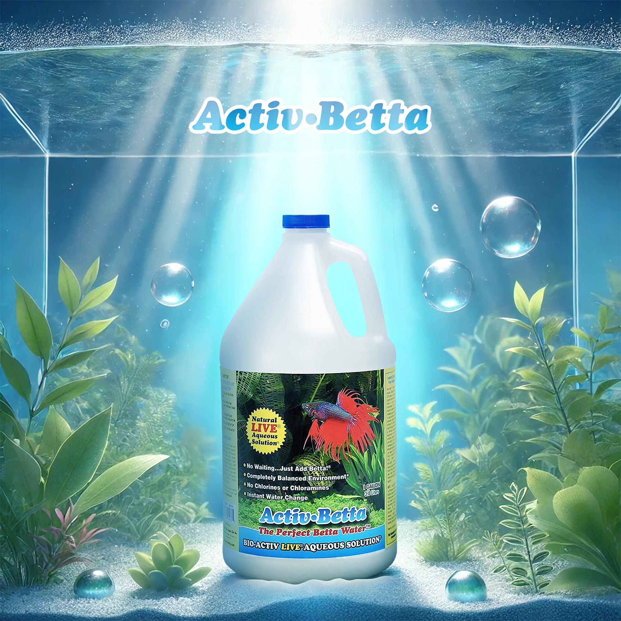 Activ Betta Bio-Activ Live Betta Water no chlorine formula close-up.
