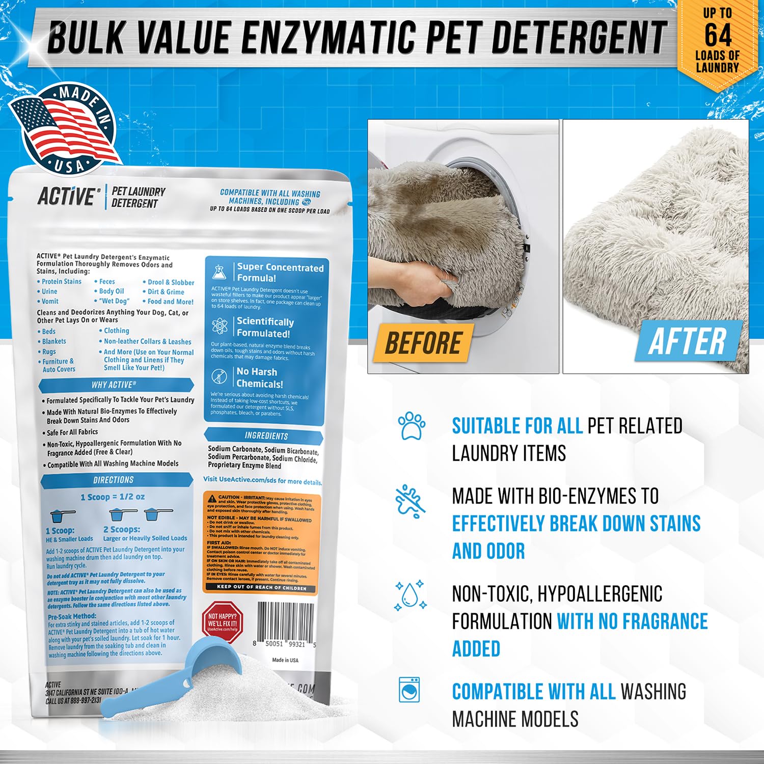 ACTIVE Enzyme Cleaner action on dirty dog bed fabrics targets odors and stains