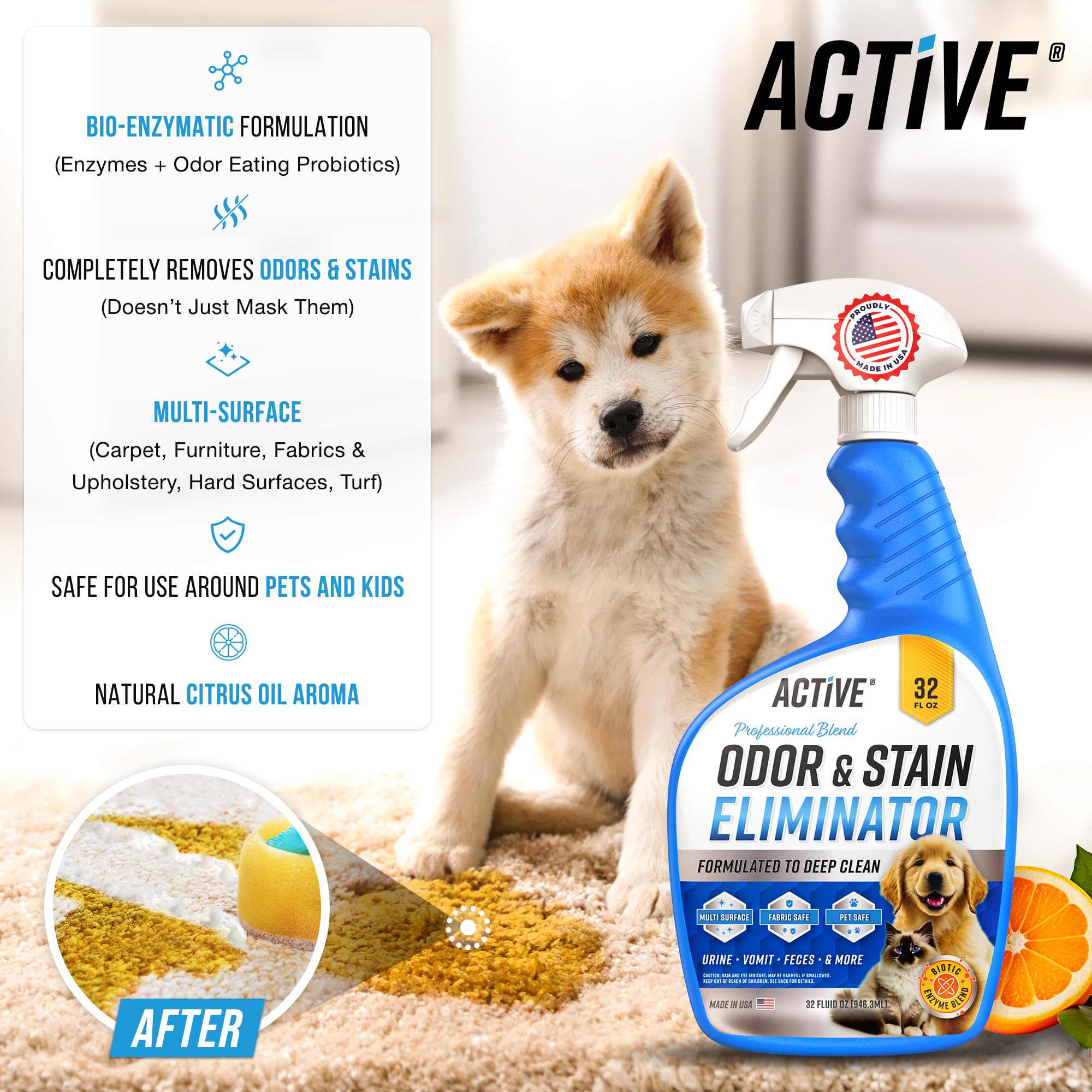 ACTIVE enzyme cleaner spray being applied to a carpet stain for deep cleaning potential