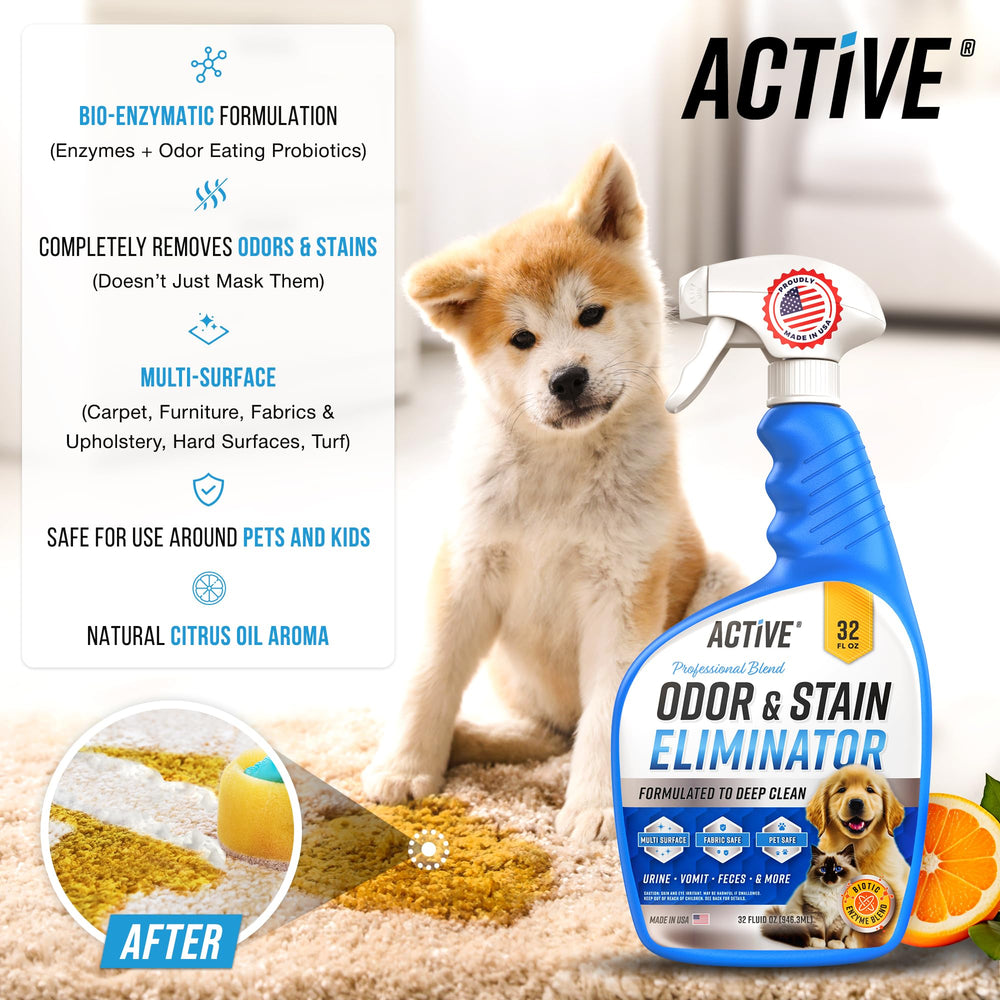 ACTIVE enzyme cleaner spray being applied to a carpet stain for deep cleaning potential