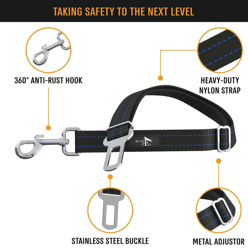 Active Pets blue adjustable seat belt strap length fits small to large dogs.