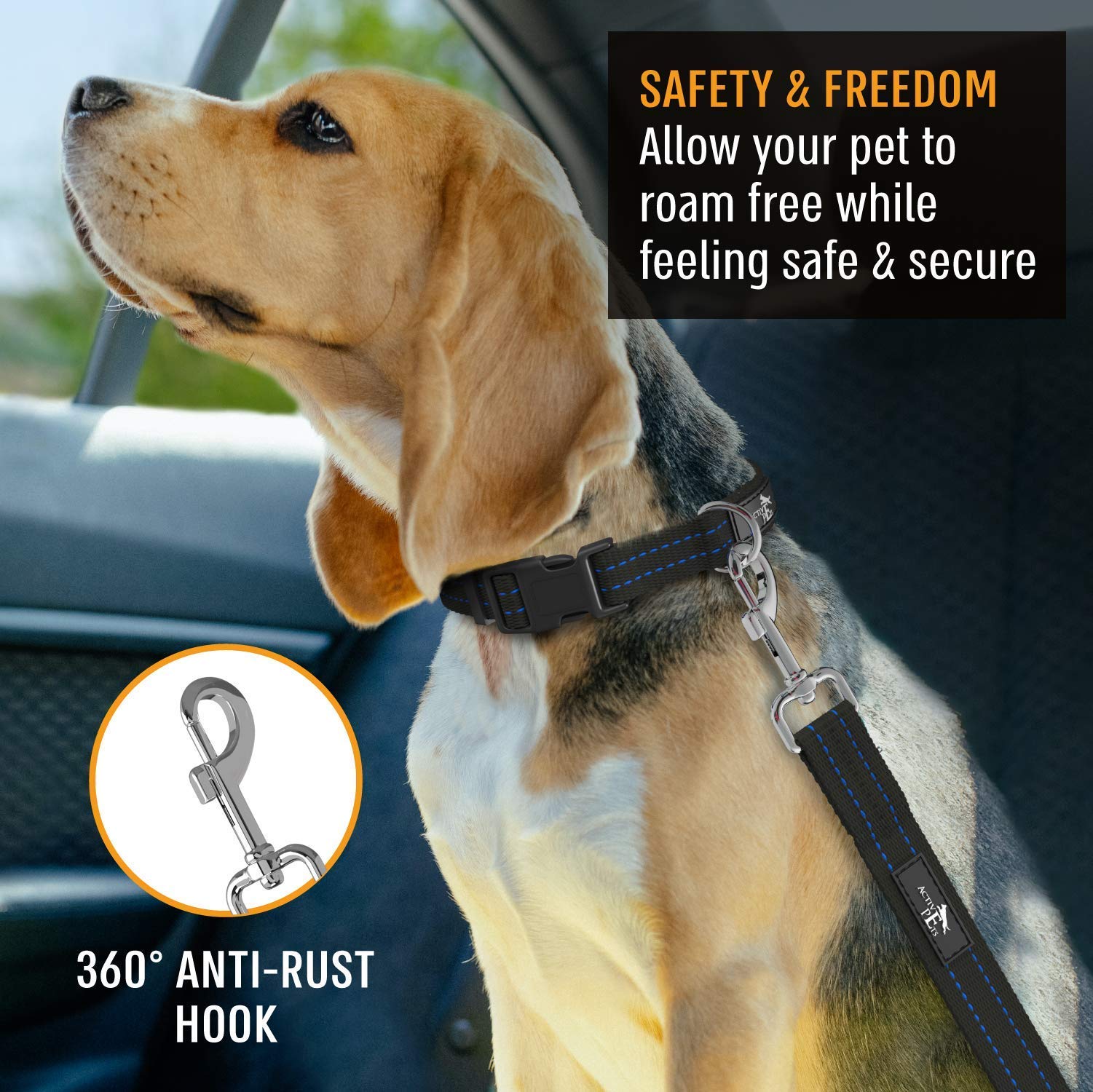 Active Pets blue car seat belt attaches to harness for stable travel.