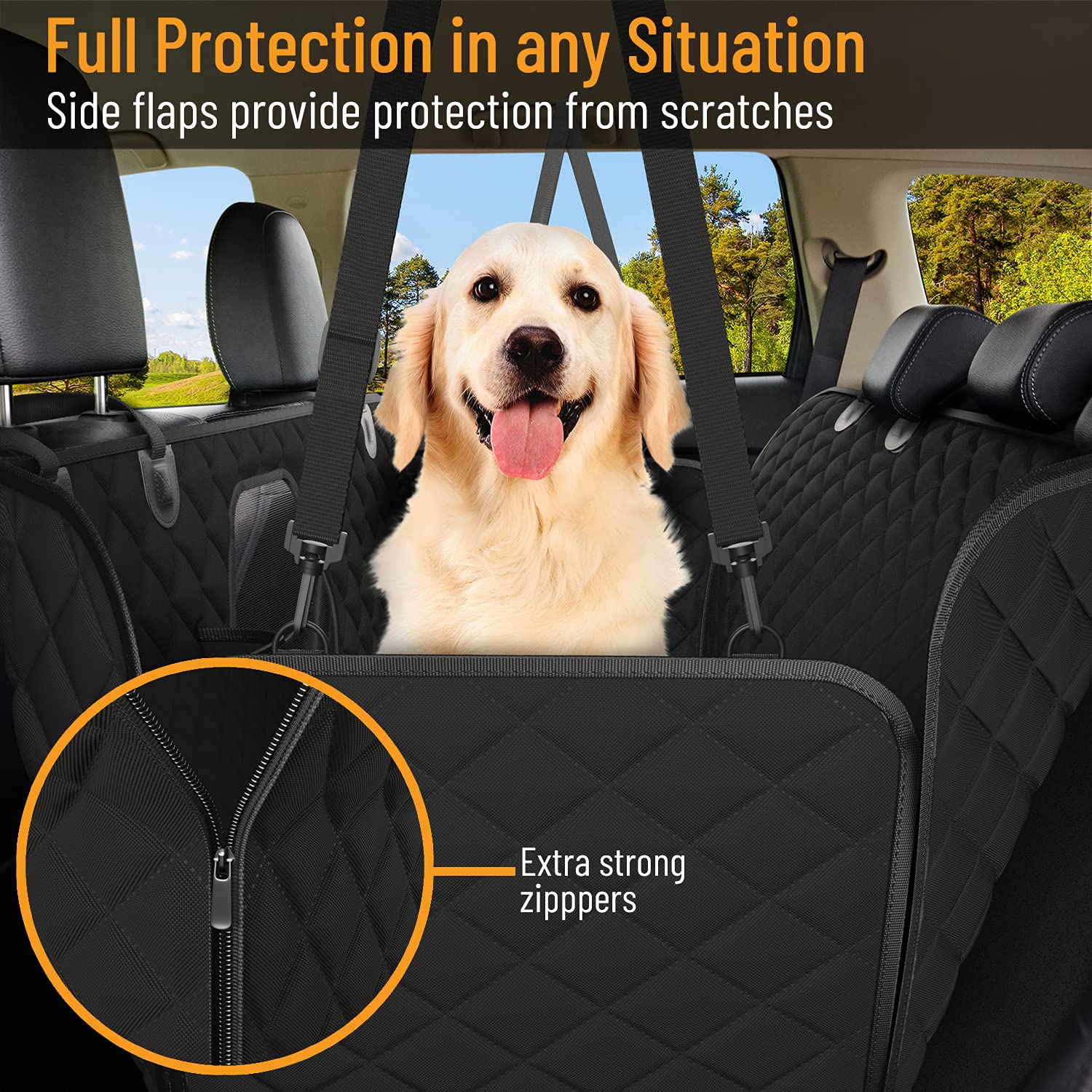 Active Pets hammock design creates a comfy barrier for dogs during car journeys.