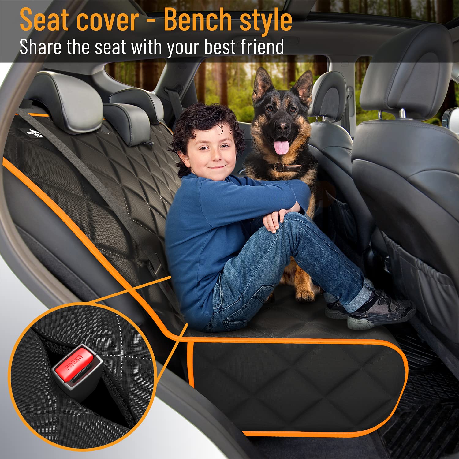 Active Pets orange rear seat cover installed in car protects from mud
