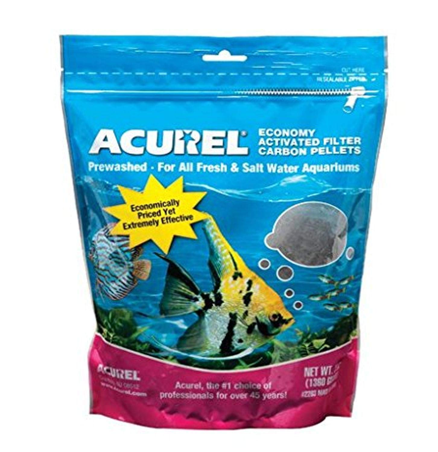 Acurel LLC economy activated filter carbon pellets bag demonstrate water-clearing filtration for aquariums.