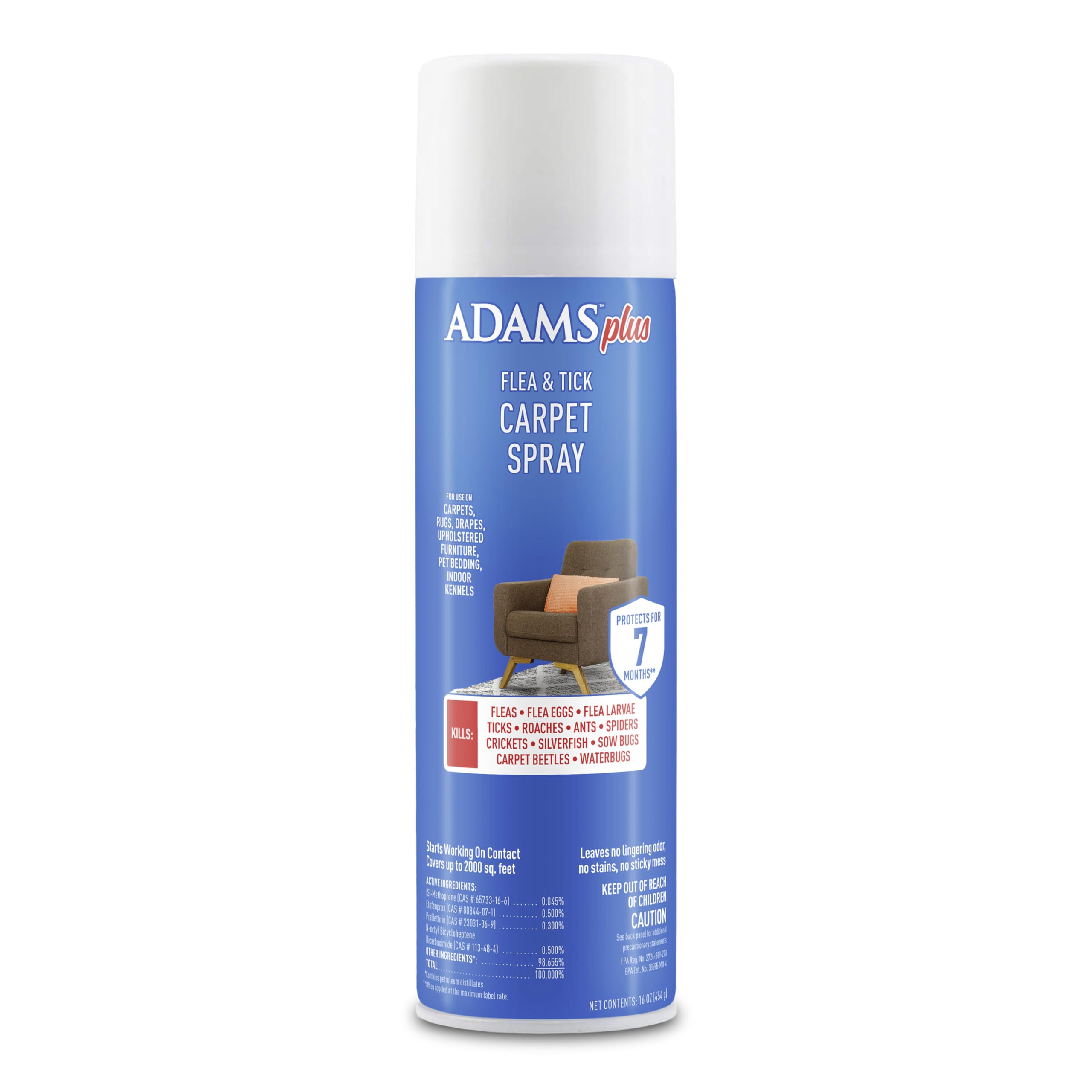 ADAMS Plus Flea & Tick Carpet Spray bottle demonstrates quick contact kill on fleas in carpets.