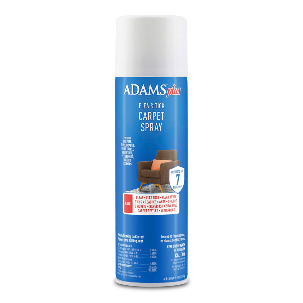ADAMS Plus Flea & Tick Carpet Spray bottle demonstrates quick contact kill on fleas in carpets.