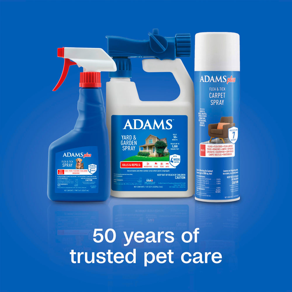 ADAMS Plus Flea & Tick Carpet Spray covers up to 2,000 square feet of carpeted areas.