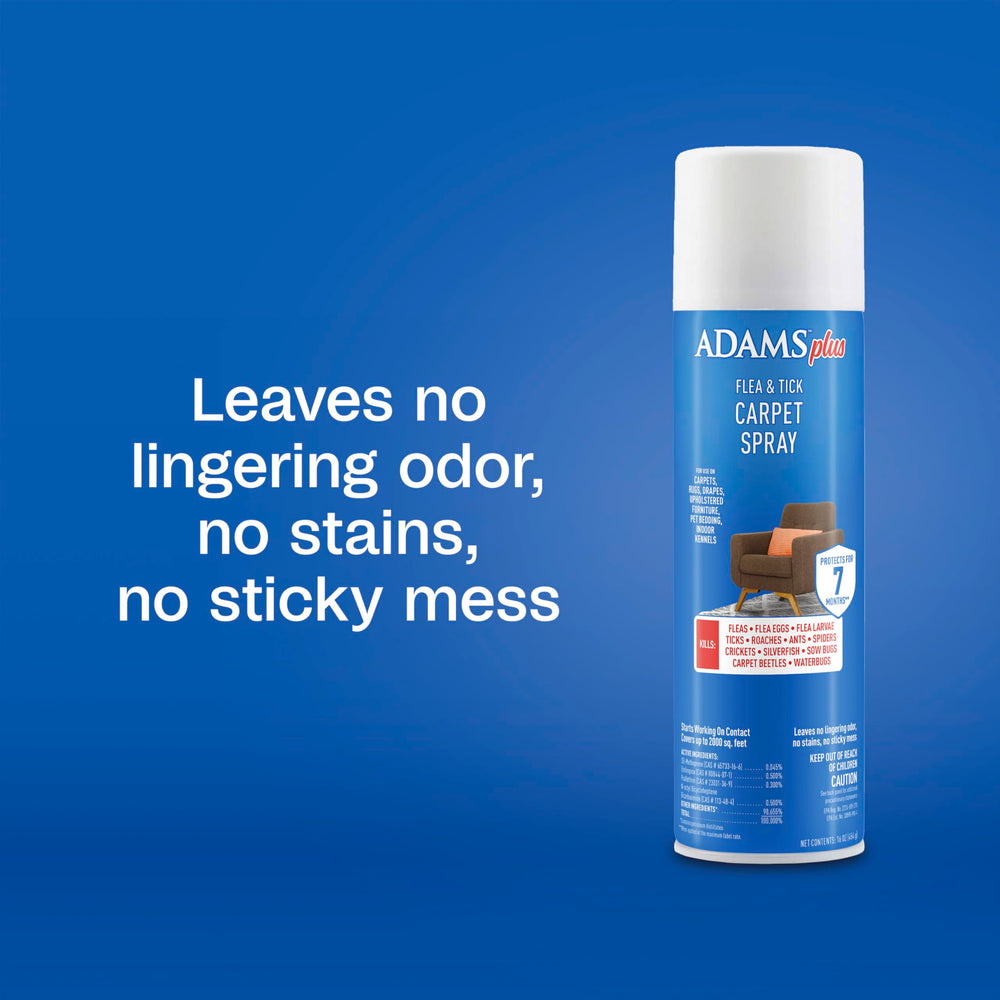 ADAMS Plus Flea & Tick Carpet Spray kills flea eggs and larvae for reduced reinfestation.