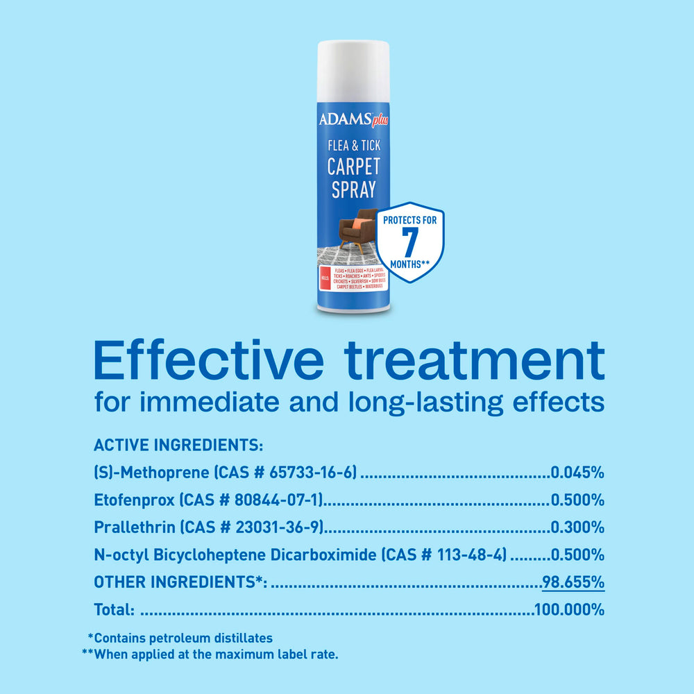 ADAMS Plus Flea & Tick Carpet Spray suitable for upholstery and carpeted surfaces.