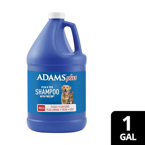 Grooming scene showing bath time with Adams shampoo.