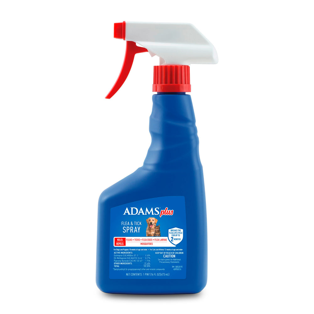 ADAMS Plus Spray: bote para pulgas y garrapatas, protección rápida para mascotas.