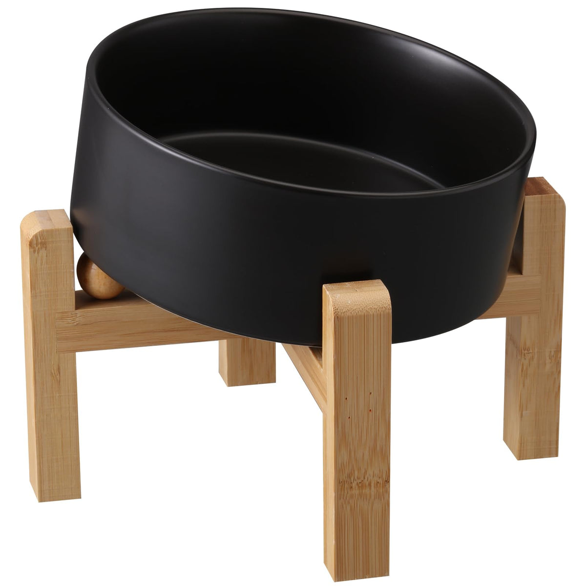 Addggo black elevated tilted bowl on bamboo stand reduces neck strain during meals.