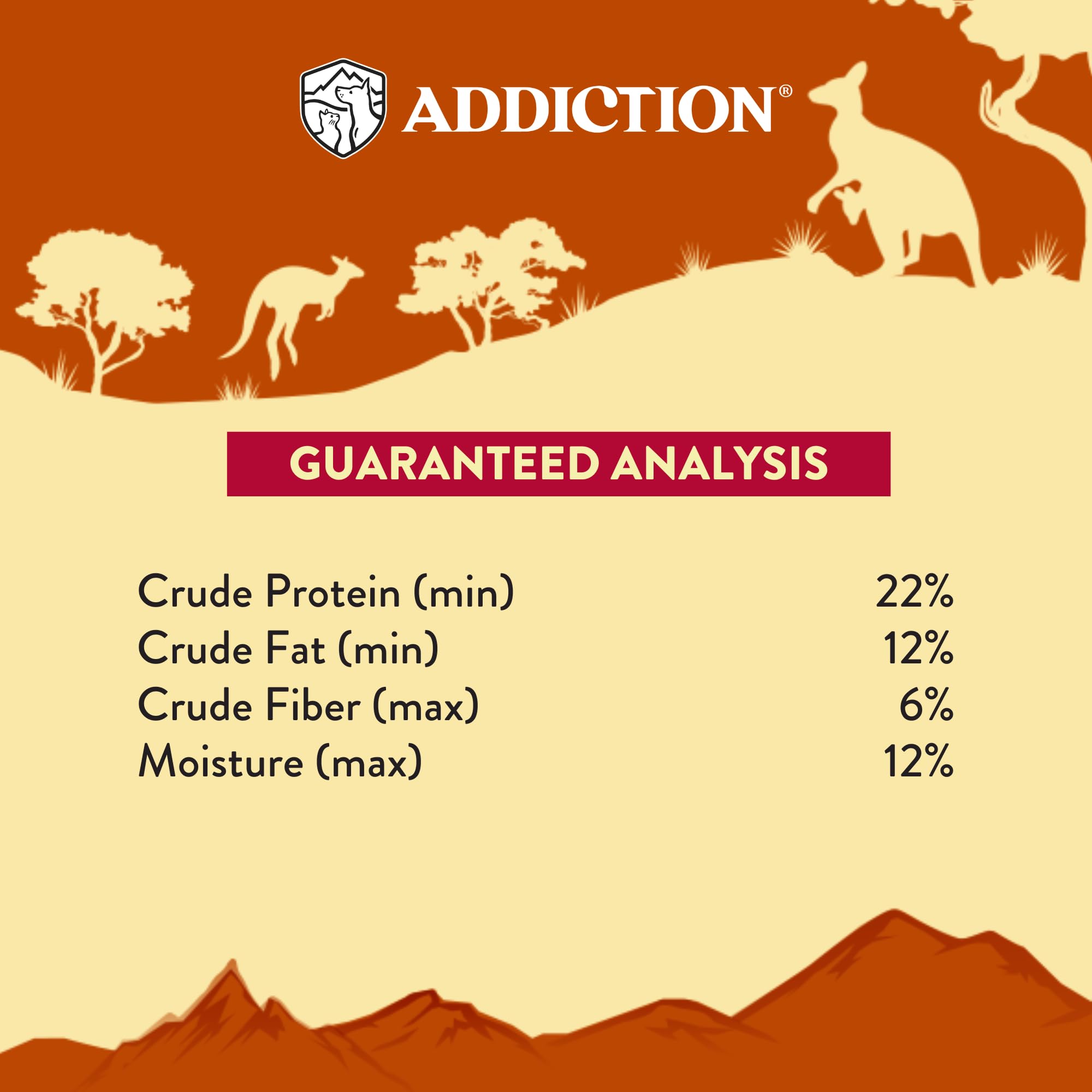Addiction Outback Kangaroo Feast 2lb pack highlights compact, travel-friendly portion.