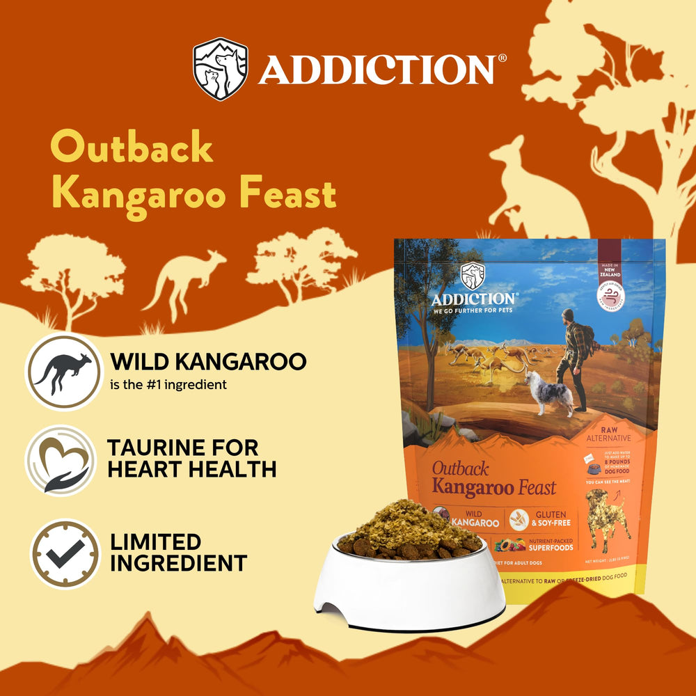 Addiction Outback Kangaroo Feast kibble closeup highlights novel kangaroo protein for lean nutrition.