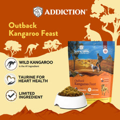 Addiction Outback Kangaroo Feast kibble closeup highlights novel kangaroo protein for lean nutrition.