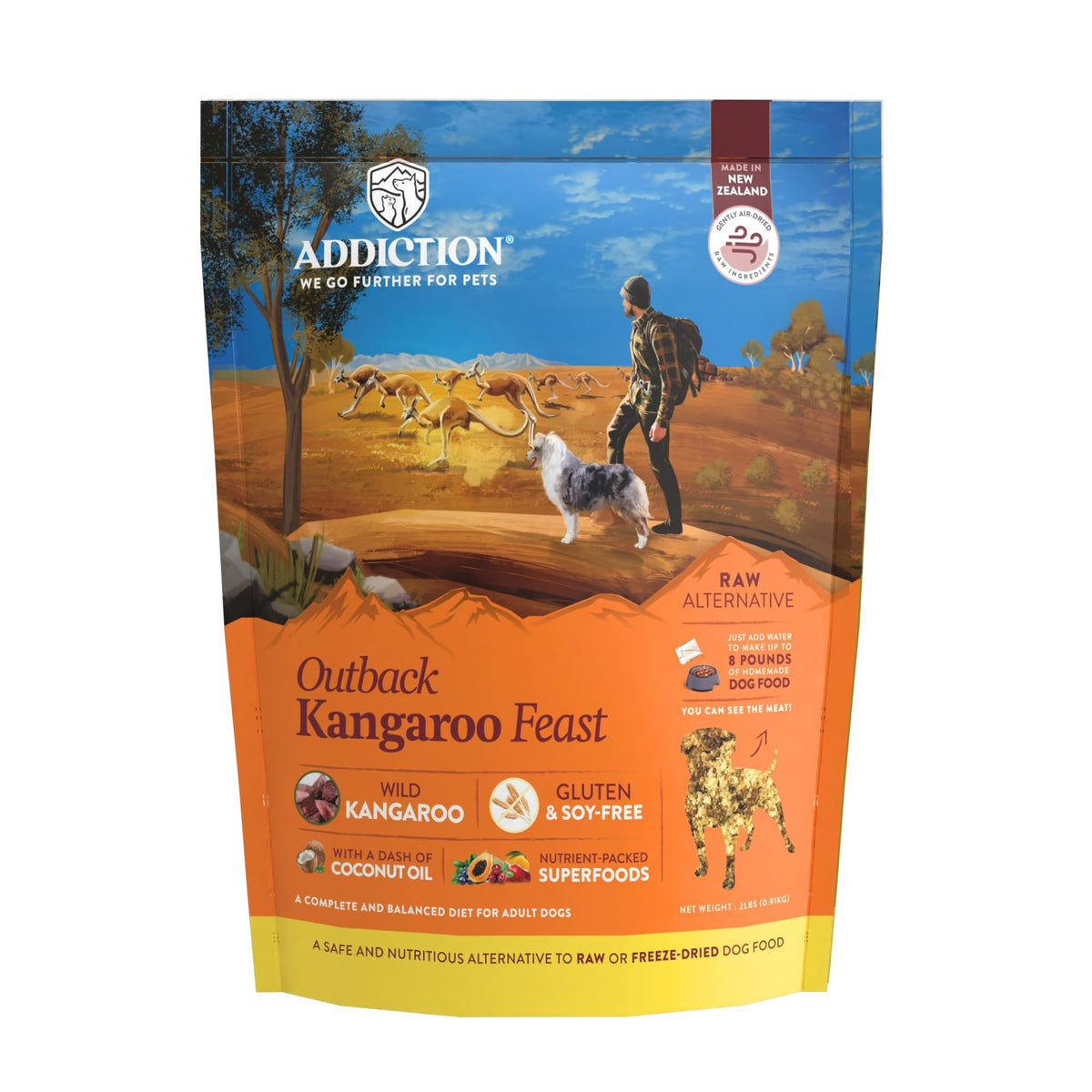 Addiction Outback Kangaroo Feast packaging emphasizes grain-free dog food for sensitive diets.