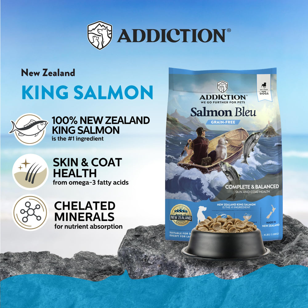 Addiction Salmon Bleu kibble close-up reveals grain-free formula and bite-sized pieces.