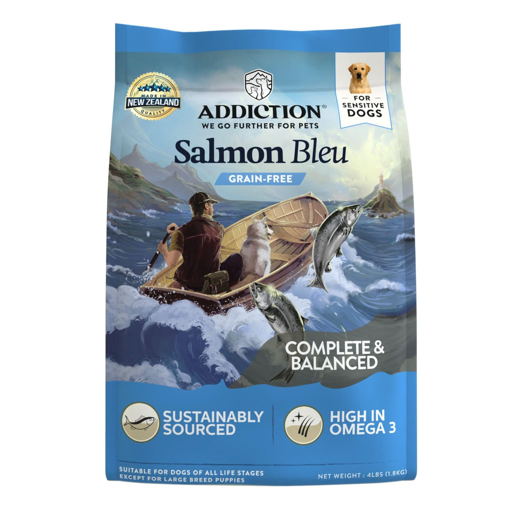 Addiction Salmon Bleu packaging highlights New Zealand salmon for all life stages.