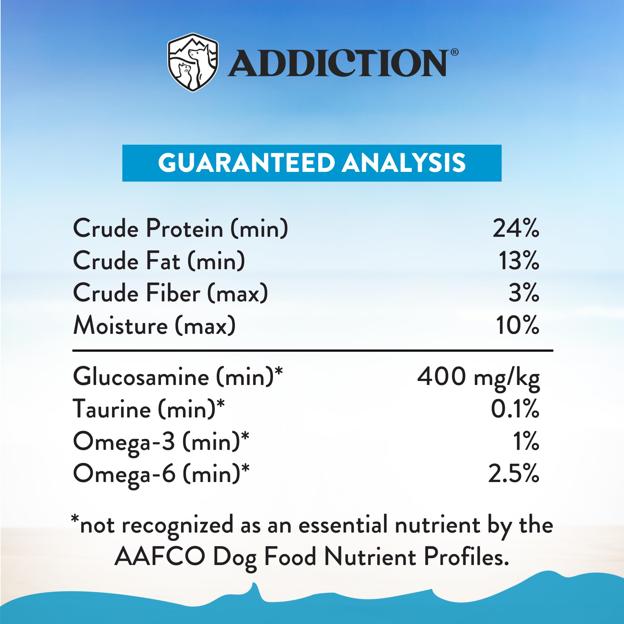 Addiction Salmon Bleu image emphasizes fish oil for skin and coat shine.