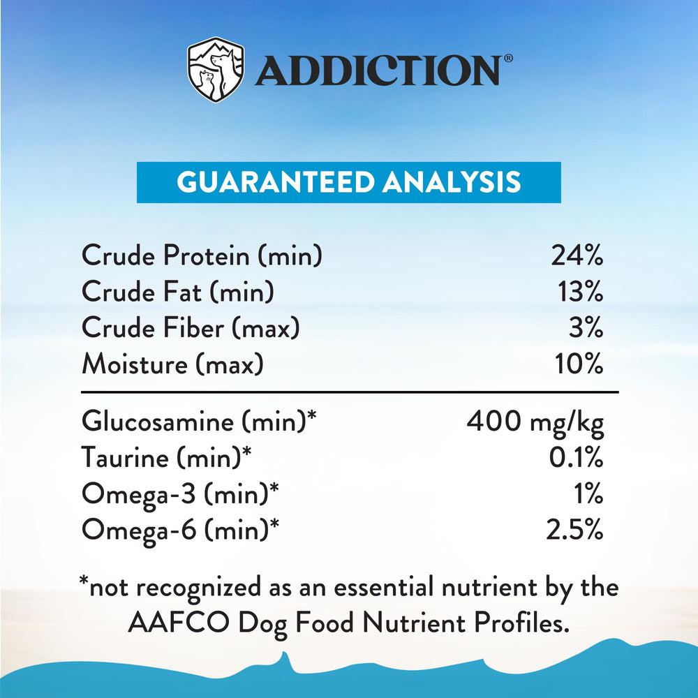 Addiction Salmon Bleu image emphasizes fish oil for skin and coat shine.