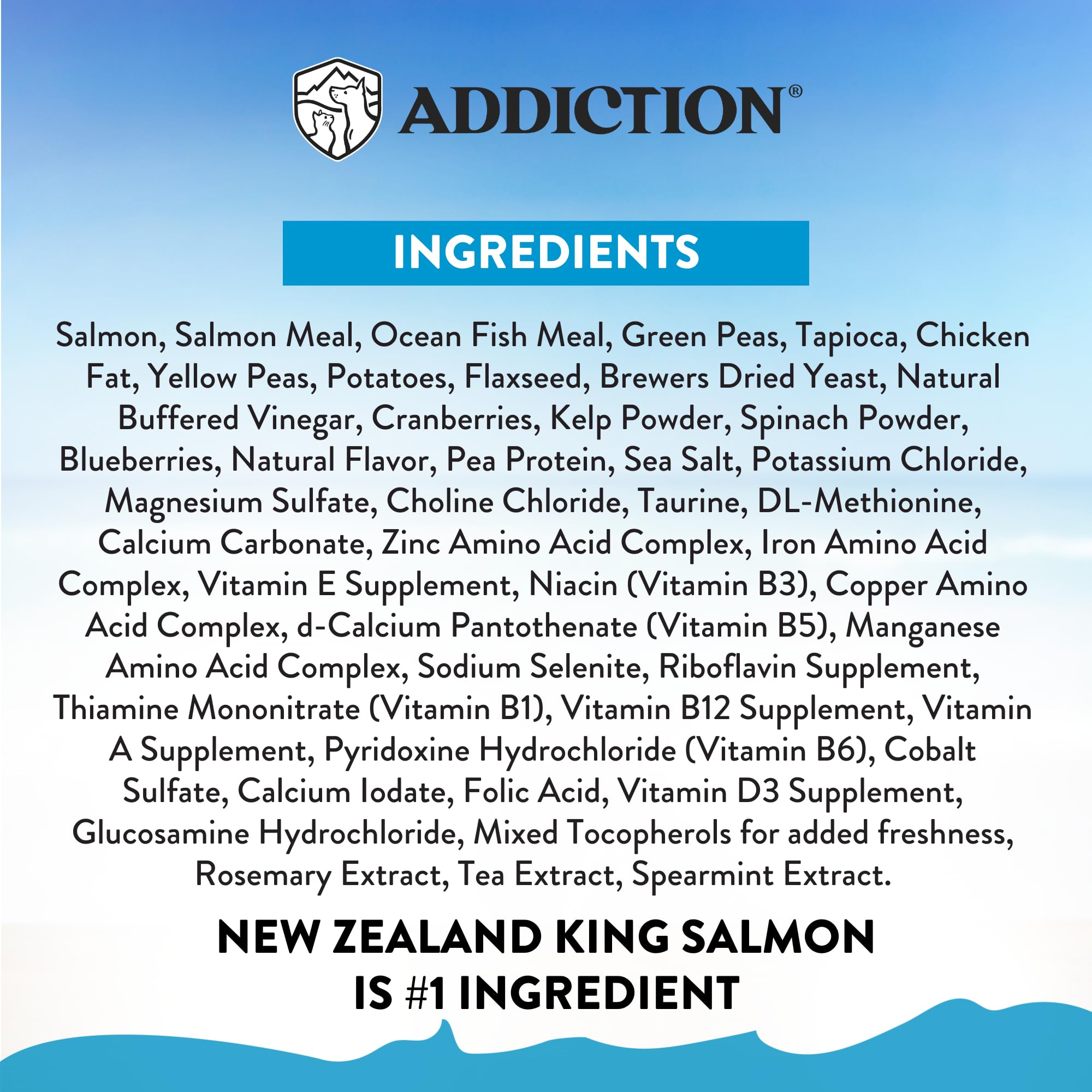 Addiction Salmon Bleu shows prebiotic fruits and vegetables for digestive support.