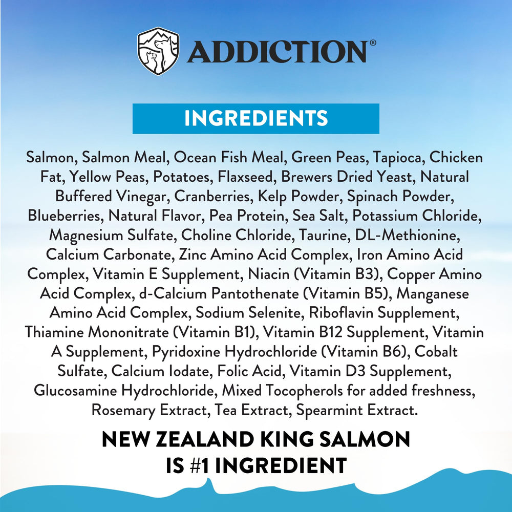 Addiction Salmon Bleu shows prebiotic fruits and vegetables for digestive support.