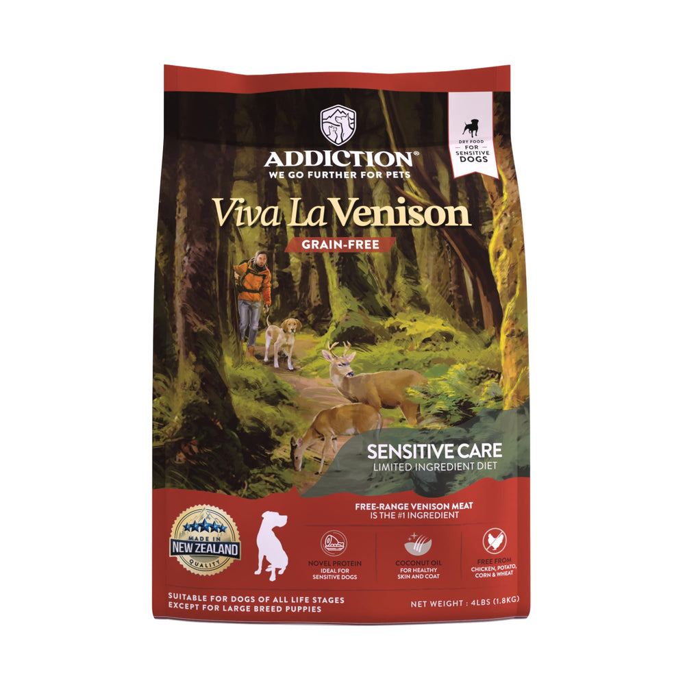 Addiction Viva La Venison bag front shows grain-free venison protein for sensitive dogs.