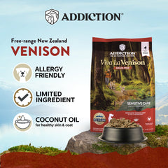 Addiction Viva La Venison dry kibble close-up highlighting novel venison protein.