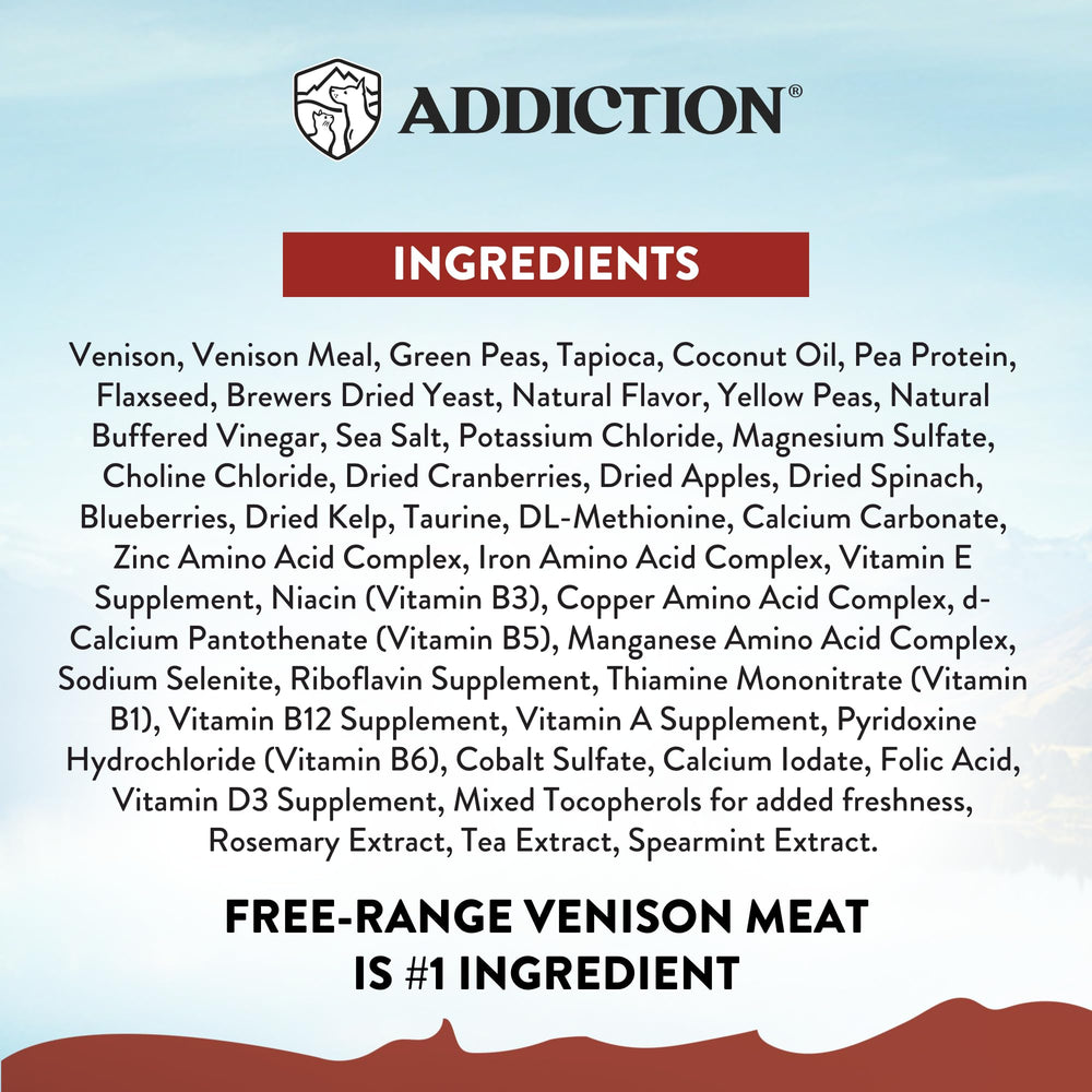 Addiction Viva La Venison prebiotic blend signals digestive support in a grain-free diet.