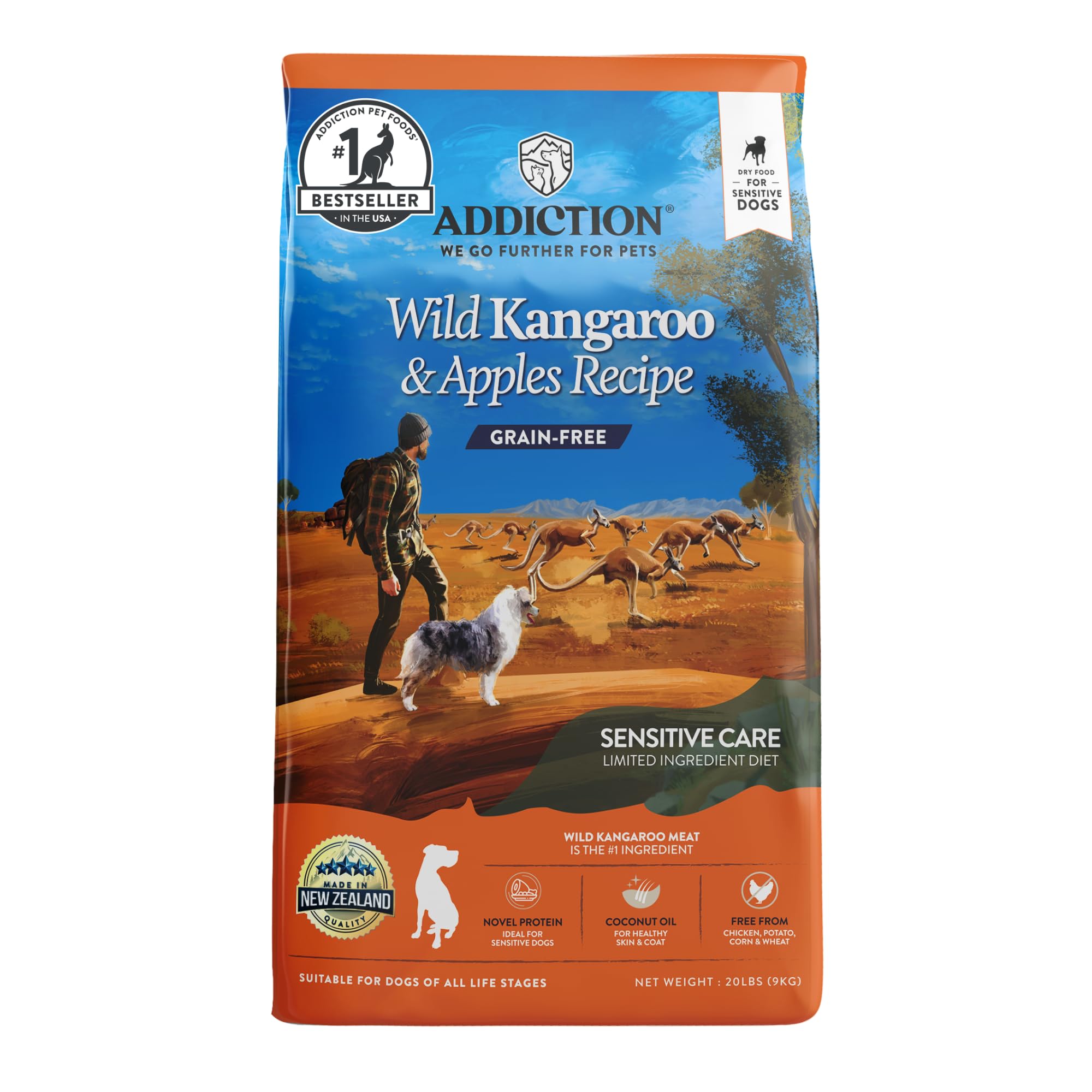 Addiction Wild Kangaroo & Apples dog food bag exterior highlighting grain-free formula.