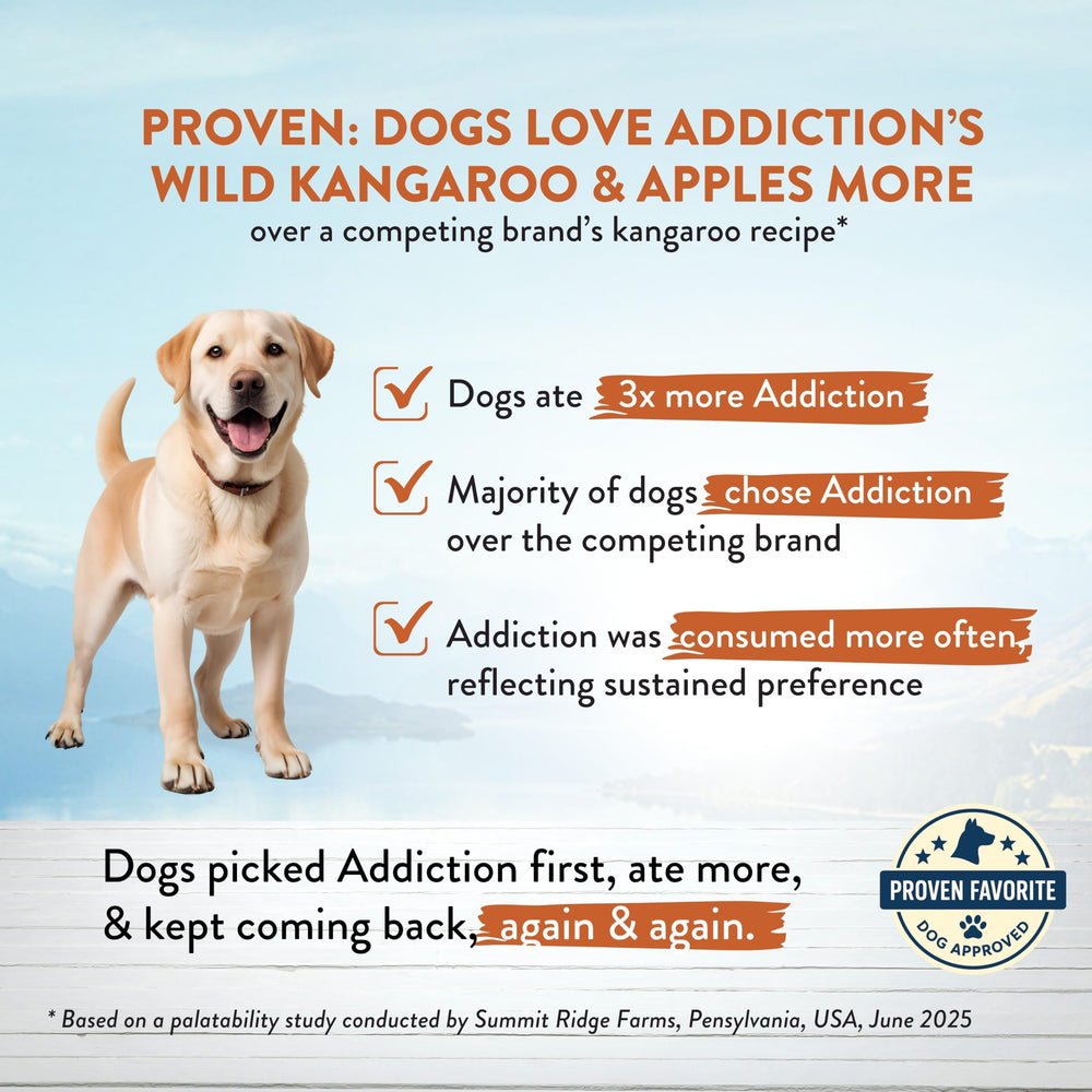 Addiction Wild Kangaroo & Apples kibble being poured into a bowl for easy serving.
