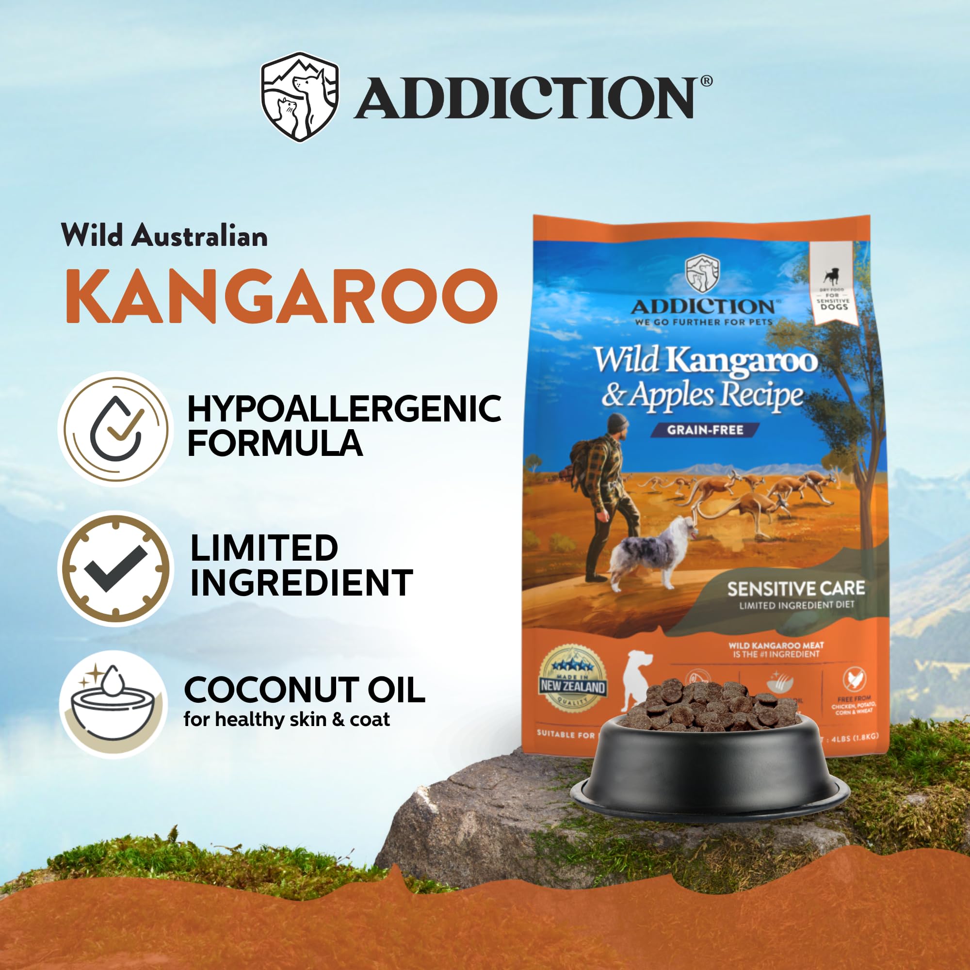 Addiction Wild Kangaroo ingredients close-up showing novel protein and limited ingredients.